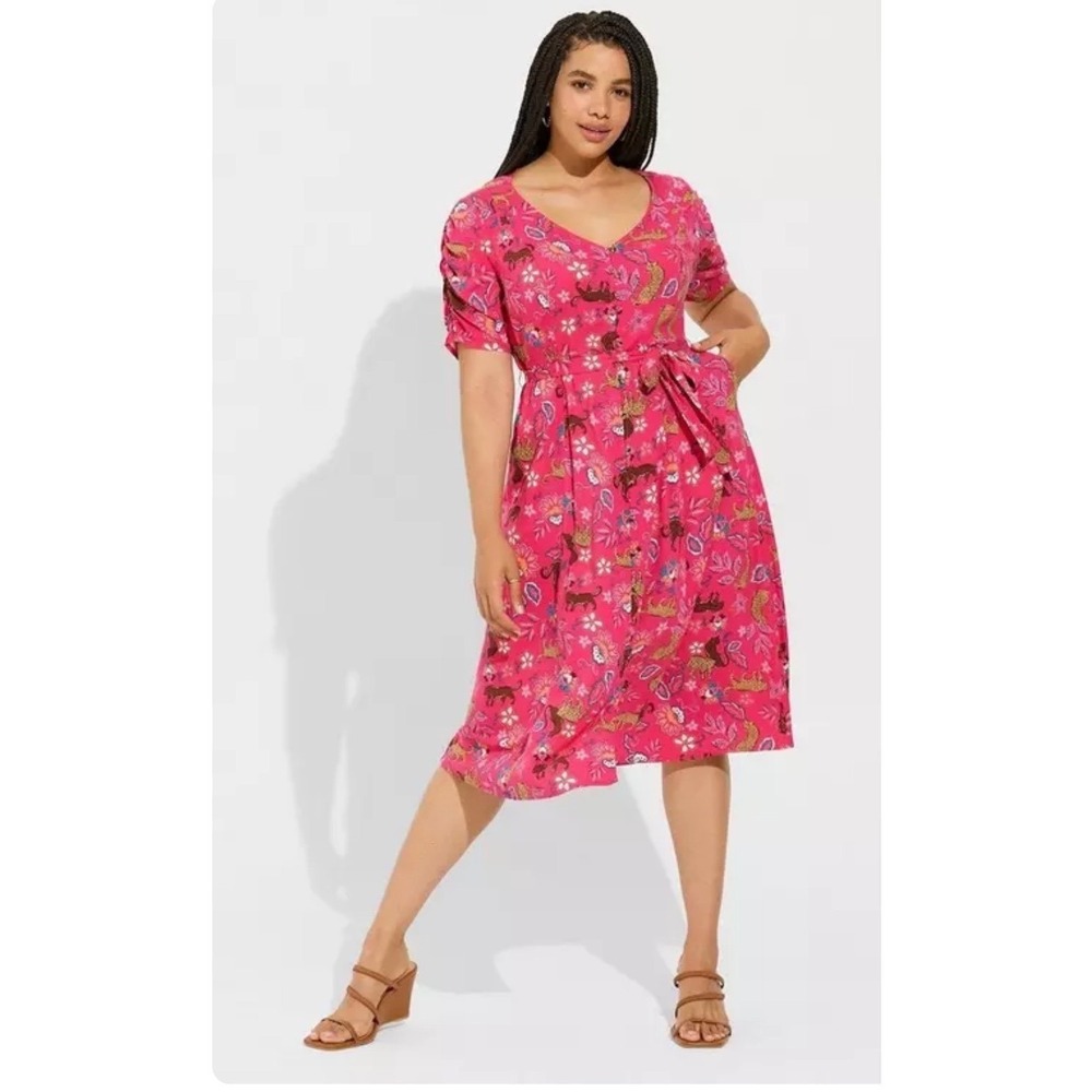 Torrid Pink Leopard Floral Midi Dress Size 0X Button Front Pockets Cottagecore - Picture 3 of 7